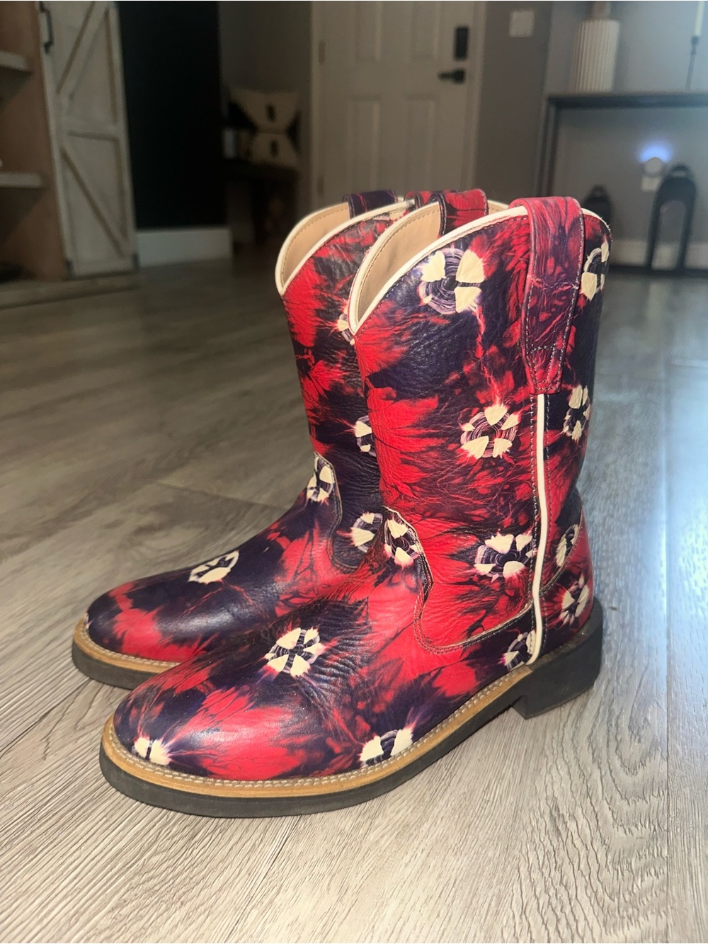 Cimarron Red Navy Leather Tie-Dye Roper Cowboy Boots Y 4.5